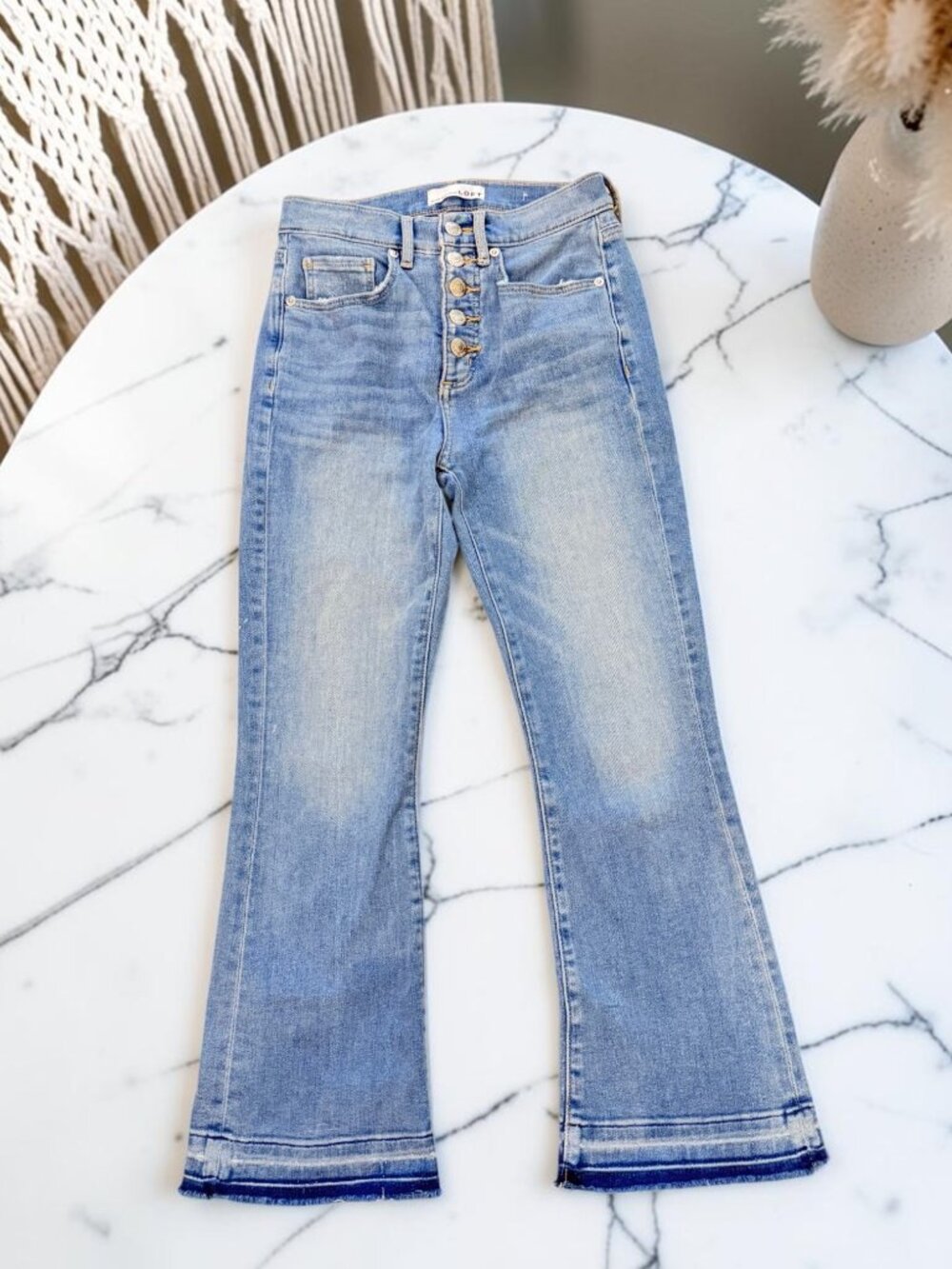 Loft High Rise Kick Crop Jeans Size 0/25P Vivid Light Let Down Hem Button Front - Picture 2 of 13